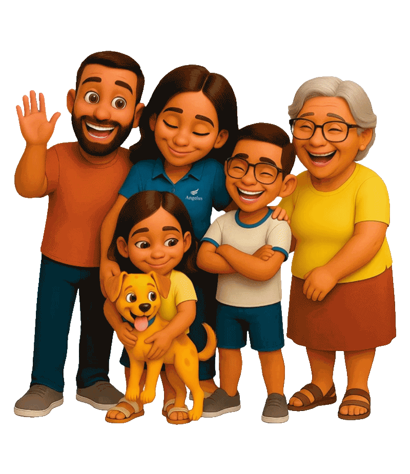 Vídeo em loop apresentando uma família sorrindo e se abraçando em um momento de carinho, representando a tranquilidade e a proteção oferecidas pelo Plano Angelus.